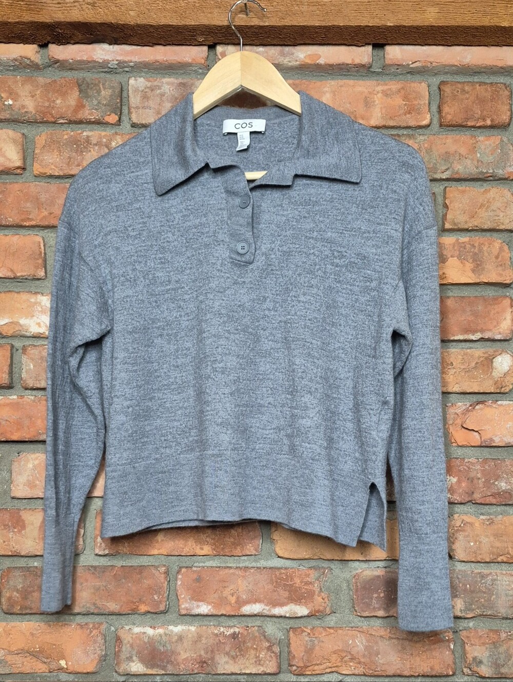 COS 100% Wool Polo Sweater Fine Knit Collared Button Placket Relaxed Pullover